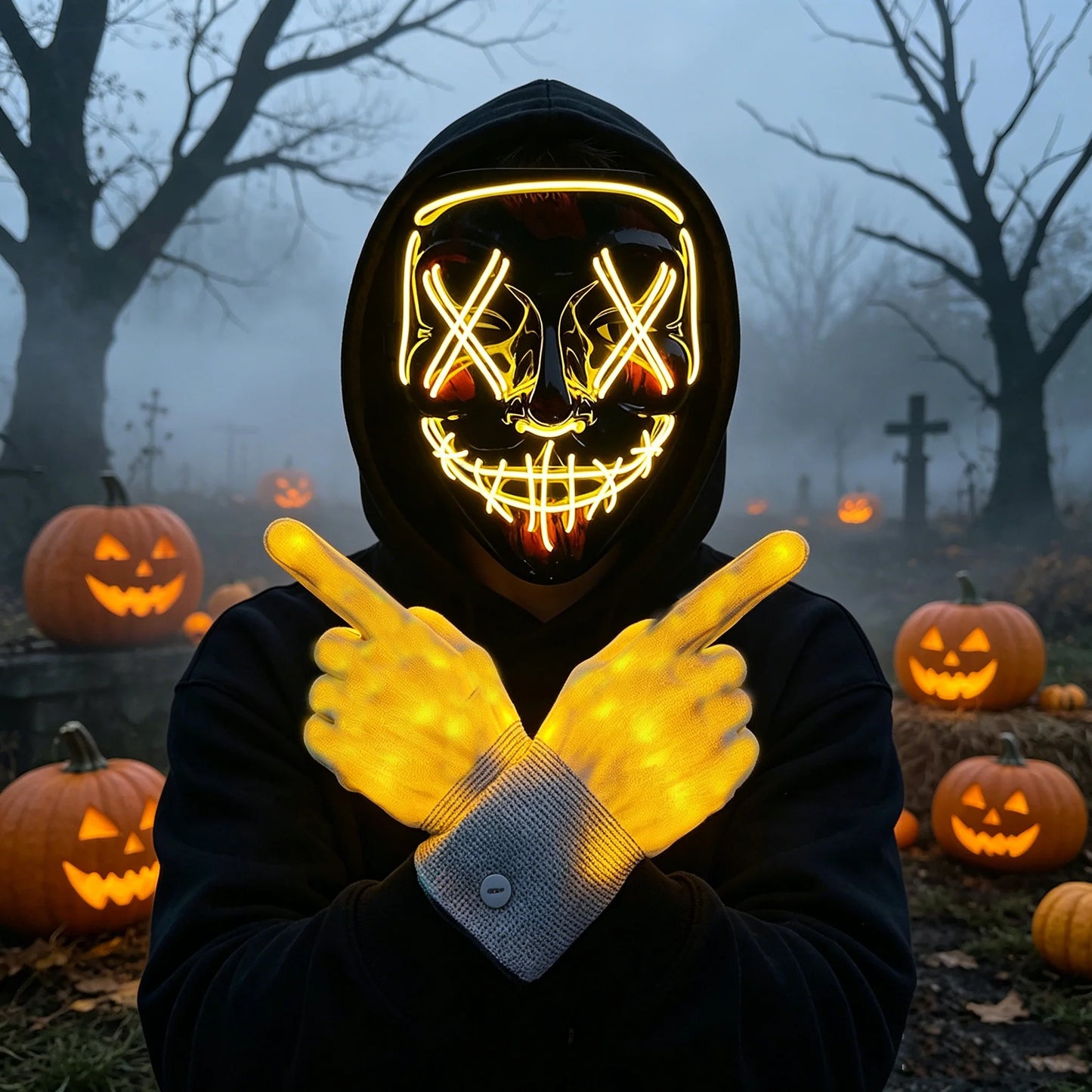 Wireless LED Neon Purge Mask & Fiber Optic Gloves, Scary Glow In Dark Mask for Halloween Carnival Cosplay Bar Birthday Party