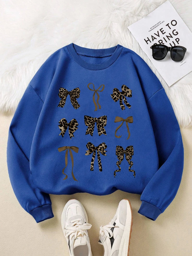 Retro Leopard Print Bow Printed Women Hoodies All-Match Comics Hoody Fleece Casual Clothes Street Hip Hop Pullover Woman