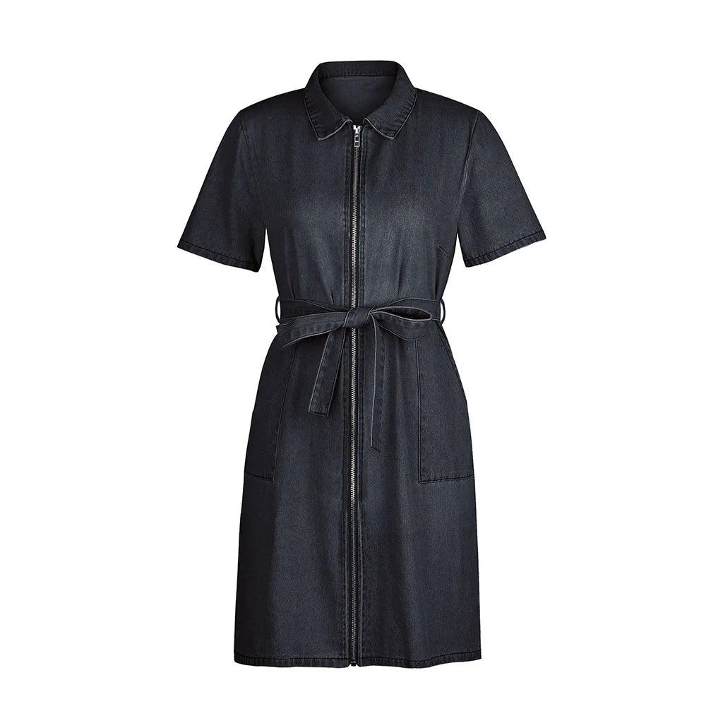 Denim Dresses Women Mini Dress Vintage Turn Down Collar Lace Up Zipper Pockets Distressed Summer Vestidos Streetwear 2025
