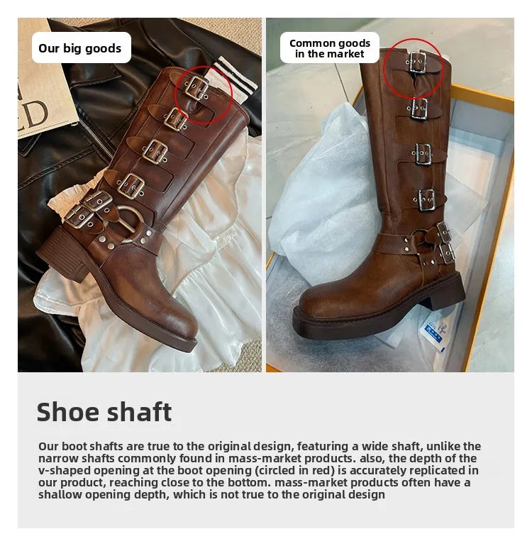 Arden Furtado Women's Cowhide Riding Boots Round Toe Pull-On Mid-Calf Genuine Leather Boots with Belt Buckle Knight Style