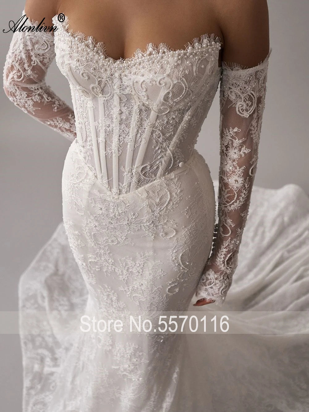 Alonlivn Customize Made Beauty Lace Fitted Beaded 2 In 1 Mermaid Wedding Gowns Trumpet Removable Train Bridal Gowns
