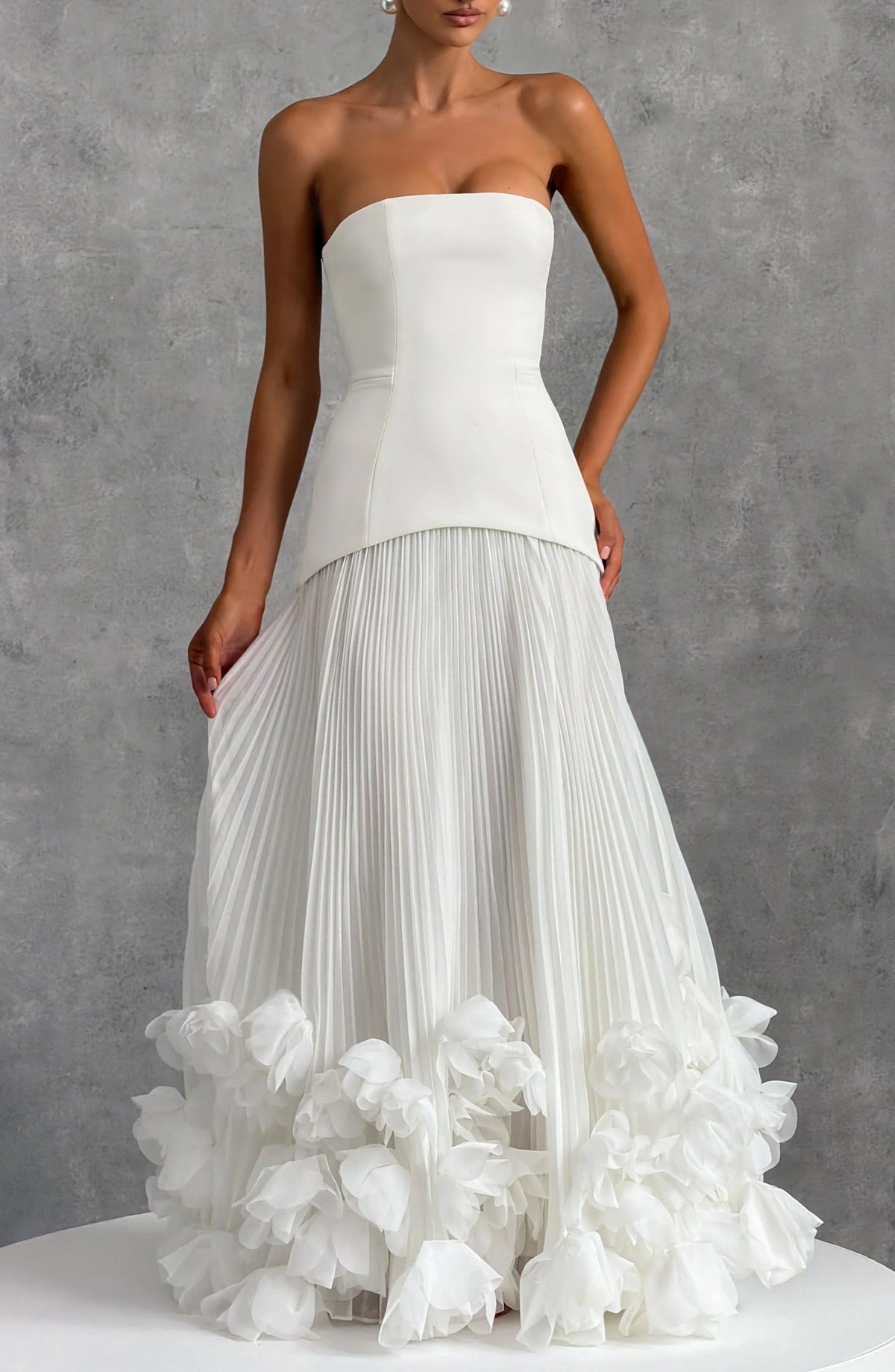 Sexy Lemon Strapless Corset Maxi Gown Sleeveless Corset Pleated Chiffon 3d Floral Hem Flowy Skirt Formal Evening Party Wear