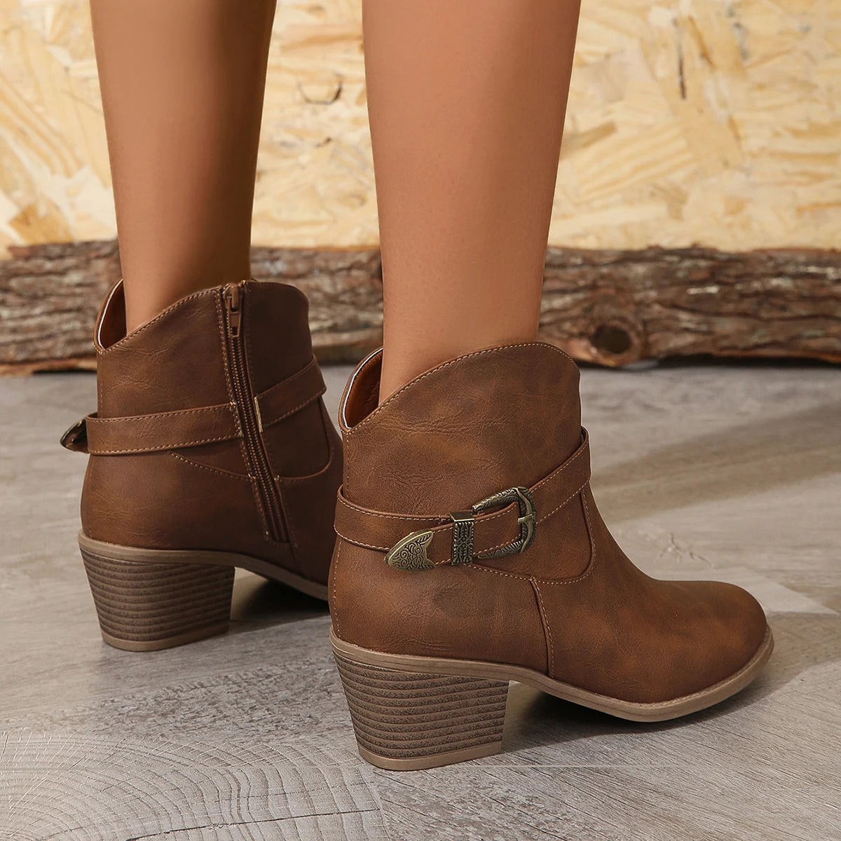 Europe and the United States Fashion Boots PU Brown Side Zipper Metal Buckle with High-Heeled Low Boots