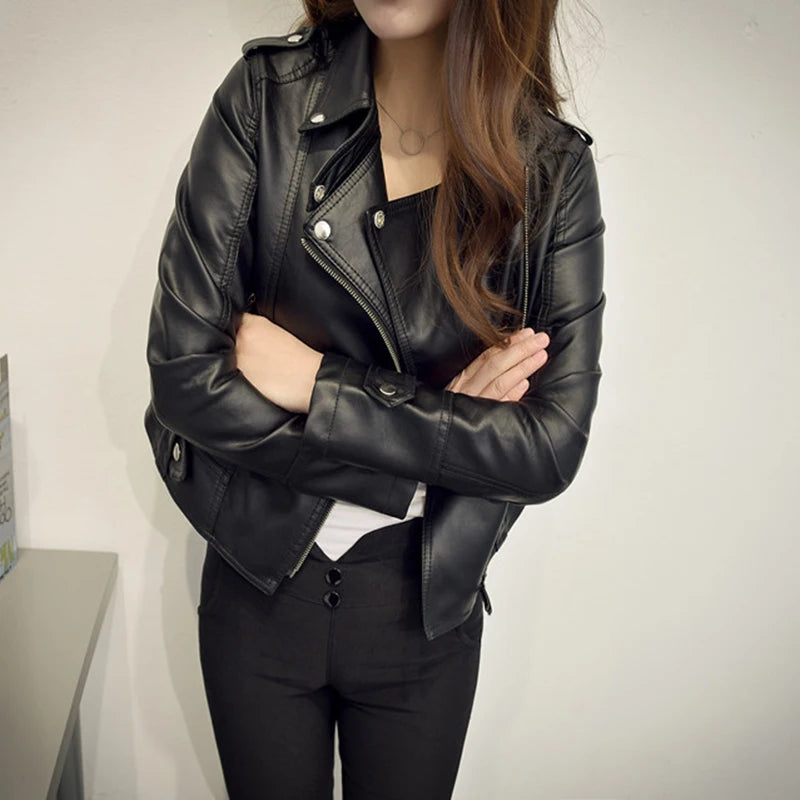 Black Faux Leather Jacket Women Y2K Retro Moto Biker Windproof Pu Leather Jackets Korean Street Cropped Outerwear Woman Clothes