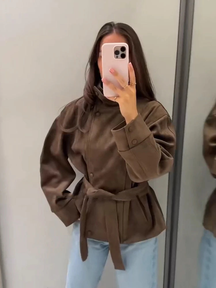 Women Brown Faux Suede Short Jacket Tie‑waist Long Sleeve Vintage Streetwear 2026 Lady New Autumn Winter Casual Outerwear Coat