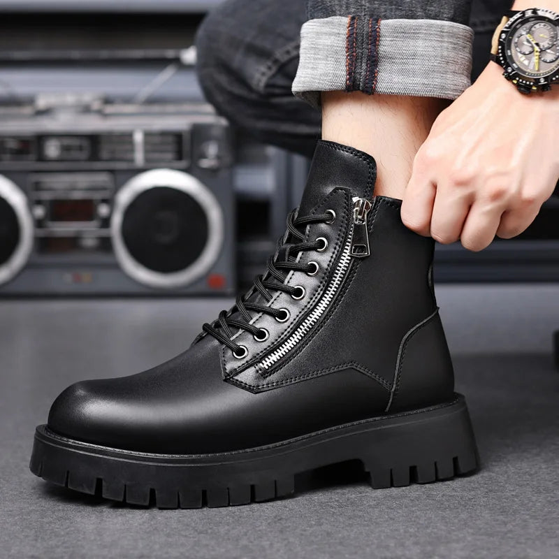 Motorcycle Boots Men's High Top Boots High Quality Mens Leather Shoes Fashion Outdoor Sneakers Men Lace Up Non-Slip Ankle Boots
