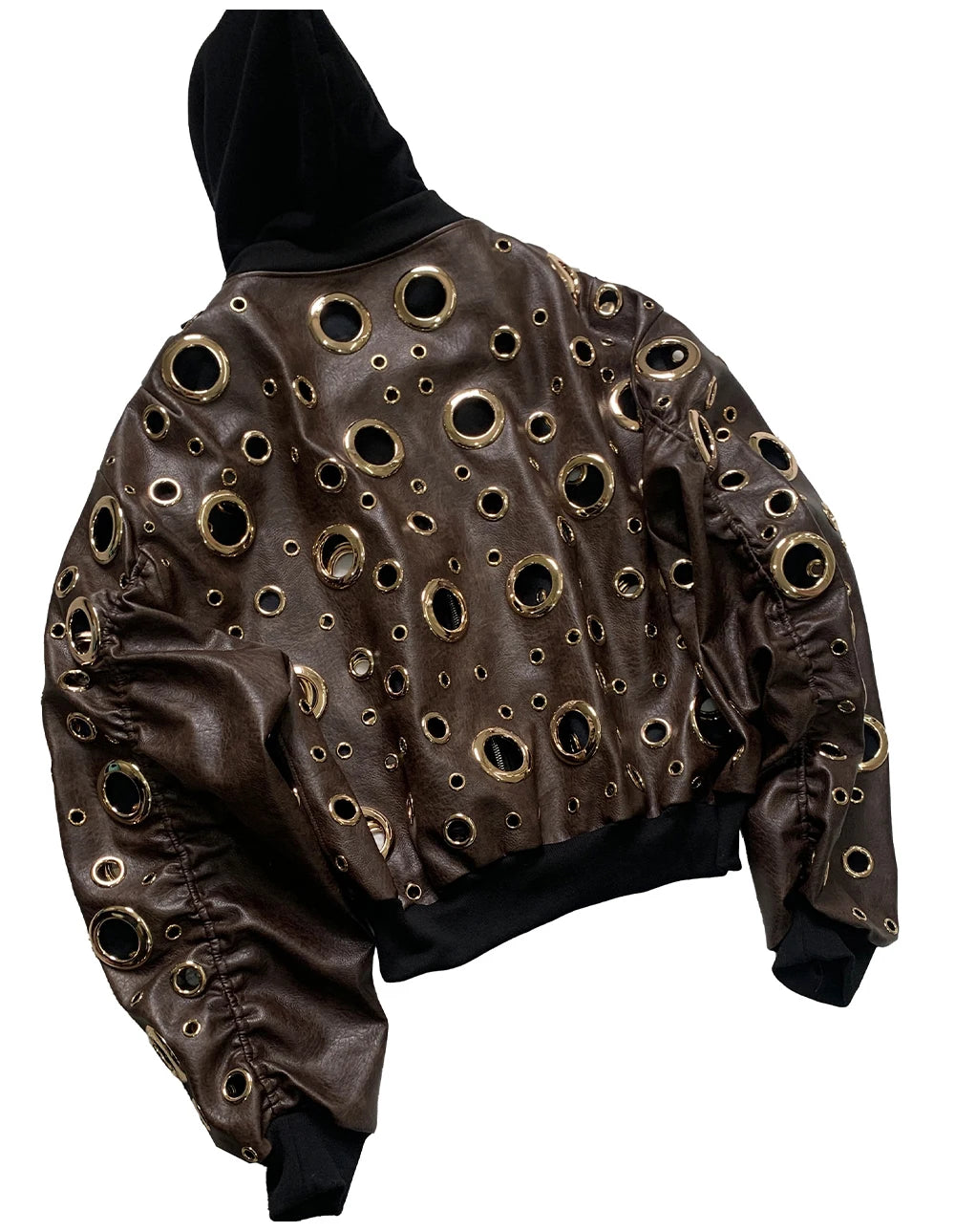 Nerazzurri Autumn Oversized Hollow Out Gold Pu Leather Jacket Men with Hood Hole Luxury Fake 2 Pieces Emo Menswear Clothing 2025