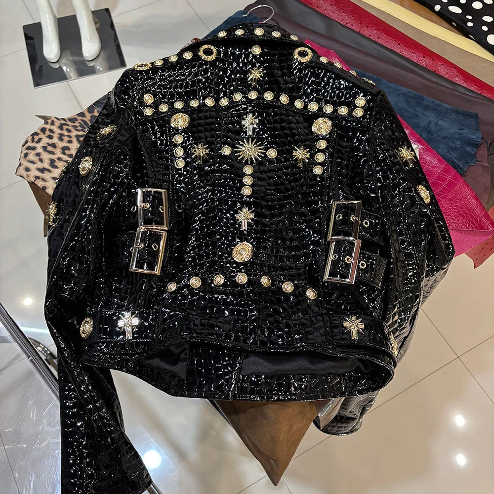 Women Stylish Gold Rivet Real Leather Jacket High Glossy Genuine Leather Asymmetrical Zip Biker Jacket