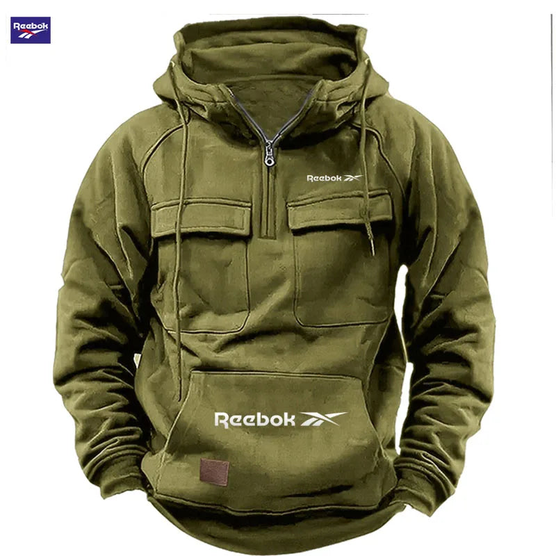 Reebok New Autumn-Winter Men's Hooded Sweatshirt, Solid Color Casual Fashion Design, Multi-Pocket Patchwork Hoodie, Men's Sweats