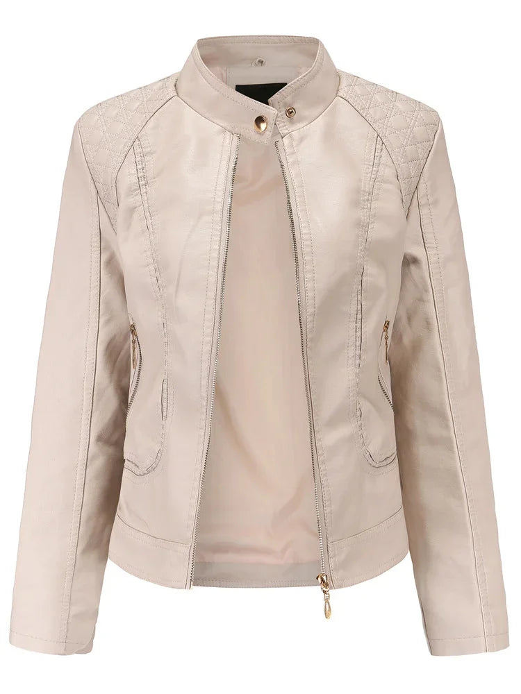 Women's Elegant Stand-up Collar Solid Jacket 2022 Female Three-dimensional Pattern Coat S-4XL New Pu Faux Leather Jacket Women