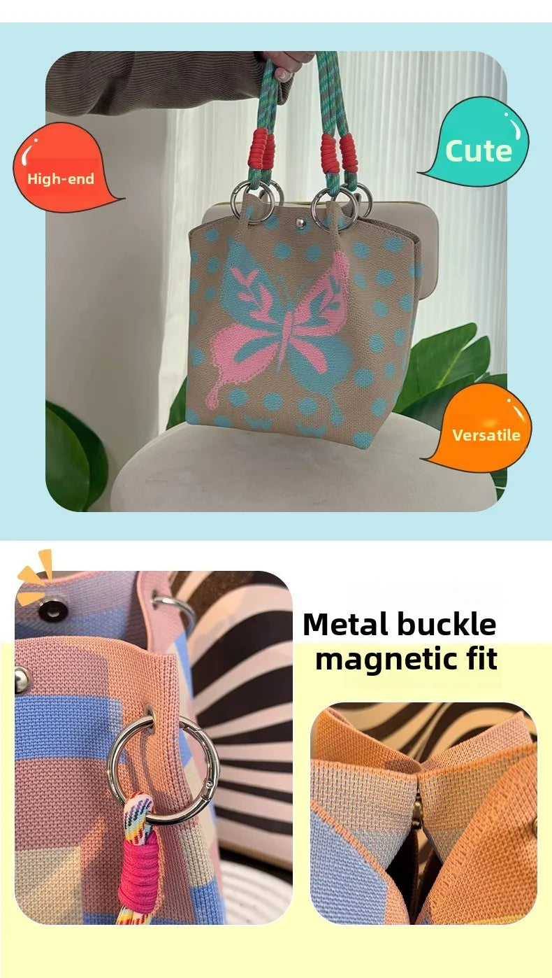Colorful Stripe Handbag Large Capacity Bucket Rope Knot Spring Autumn Travel Versatile Soft Polyester Lining Mobile Phone Bag
