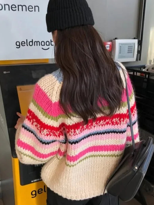 Retro Rainbow Stripes Lazy Sle Loose Knitted Sweater Women's Autumn New Faionable round Ne Top Versatile Comfortable Fit