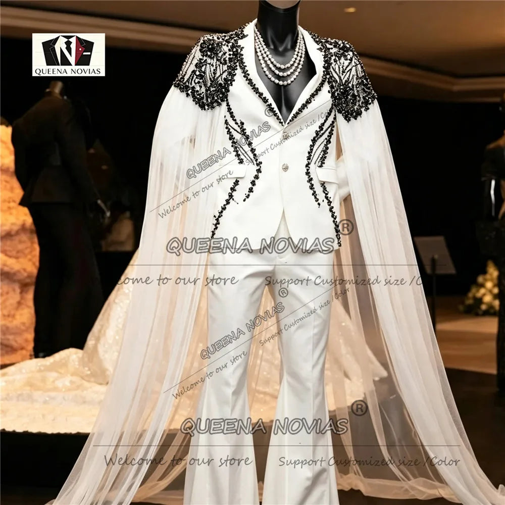 Elegant Wedding Suits For Man Black Beaded Stone Jacket With Tulle Cape Long Customized Groom Tuxedo Slim Fit 2 Piece Sets Dress
