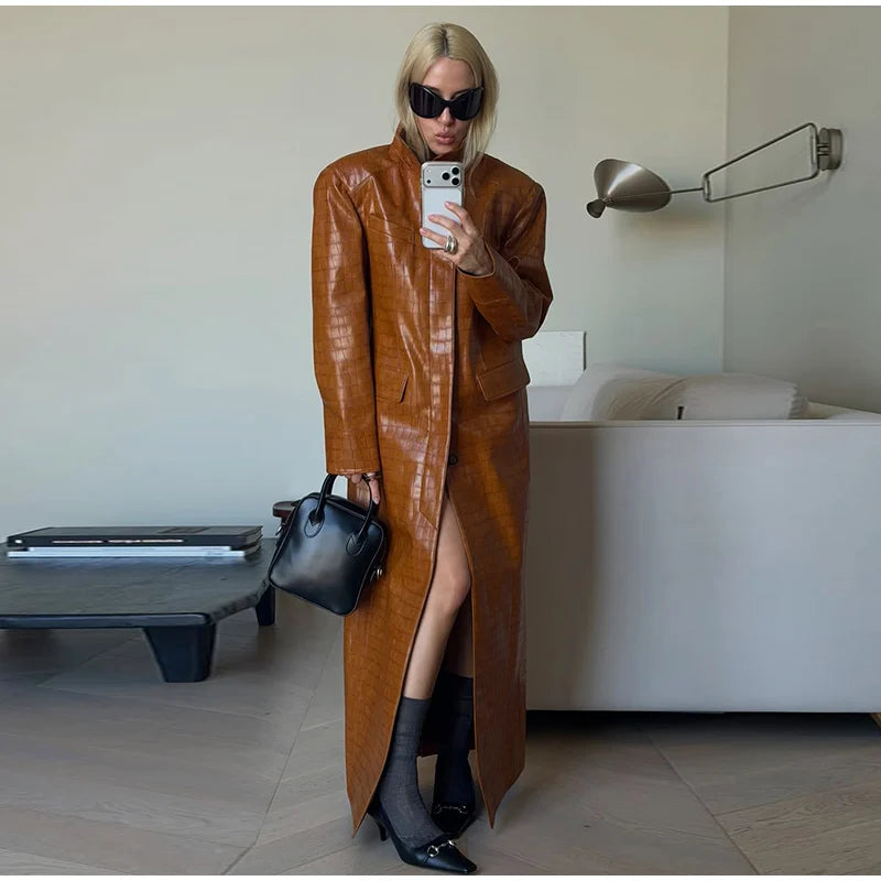 Fashion Croc Pattern PU Leather Women's Jacket Stand Collar Oversize Long Sleeve Chic Coat  2026 Autumn Winter New Daily Wear