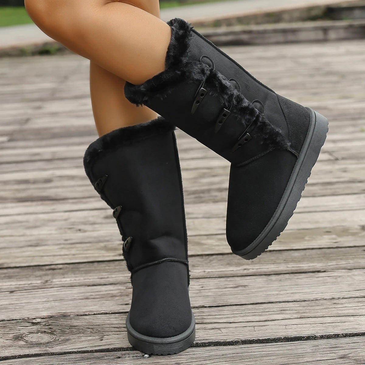 Women Snow Boots Winter Mid-calf Boots Warm Cotton Shoes Fashion Solid Color Button Ladies Brown Long Boots Plus Size 42
