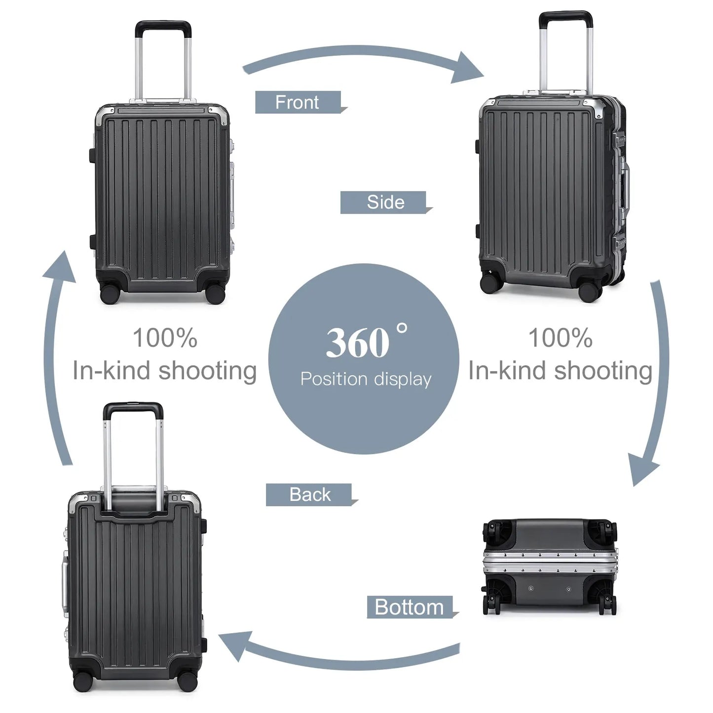 Hard Case Suitcase Trolley Aluminum Frame suitcase PC hand luggage with 4 Rolls TSA Check-in Luggage Trackcase Black