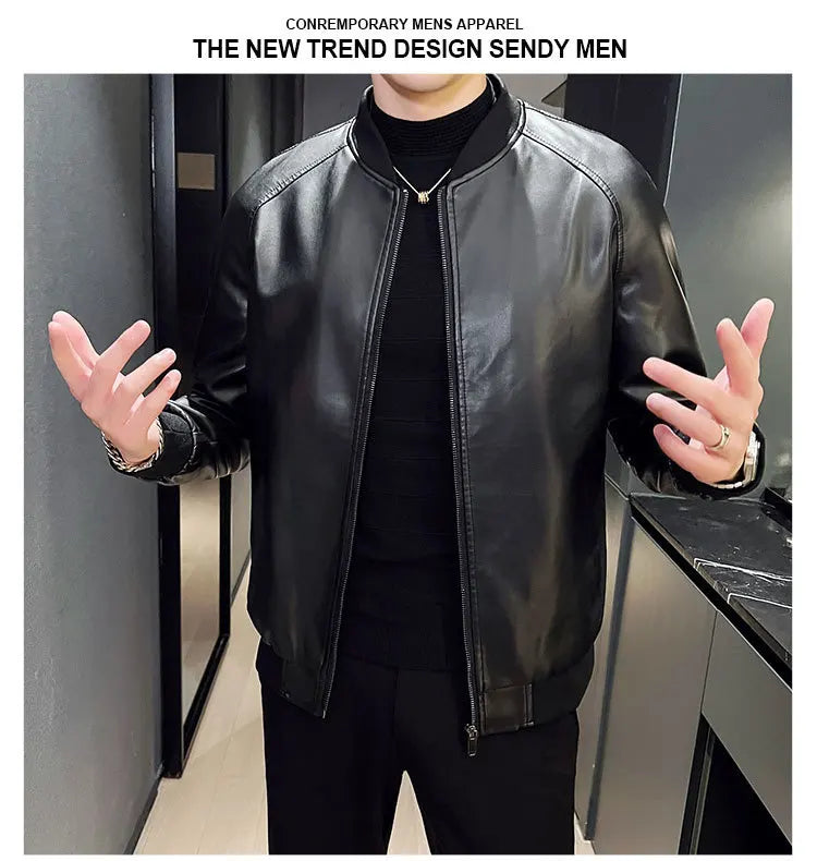 New Men's Faux Leather Jacket Motorcycle Biker Coat Stand Collar Zipper Slim Fit Casual Streetwear Outerwear