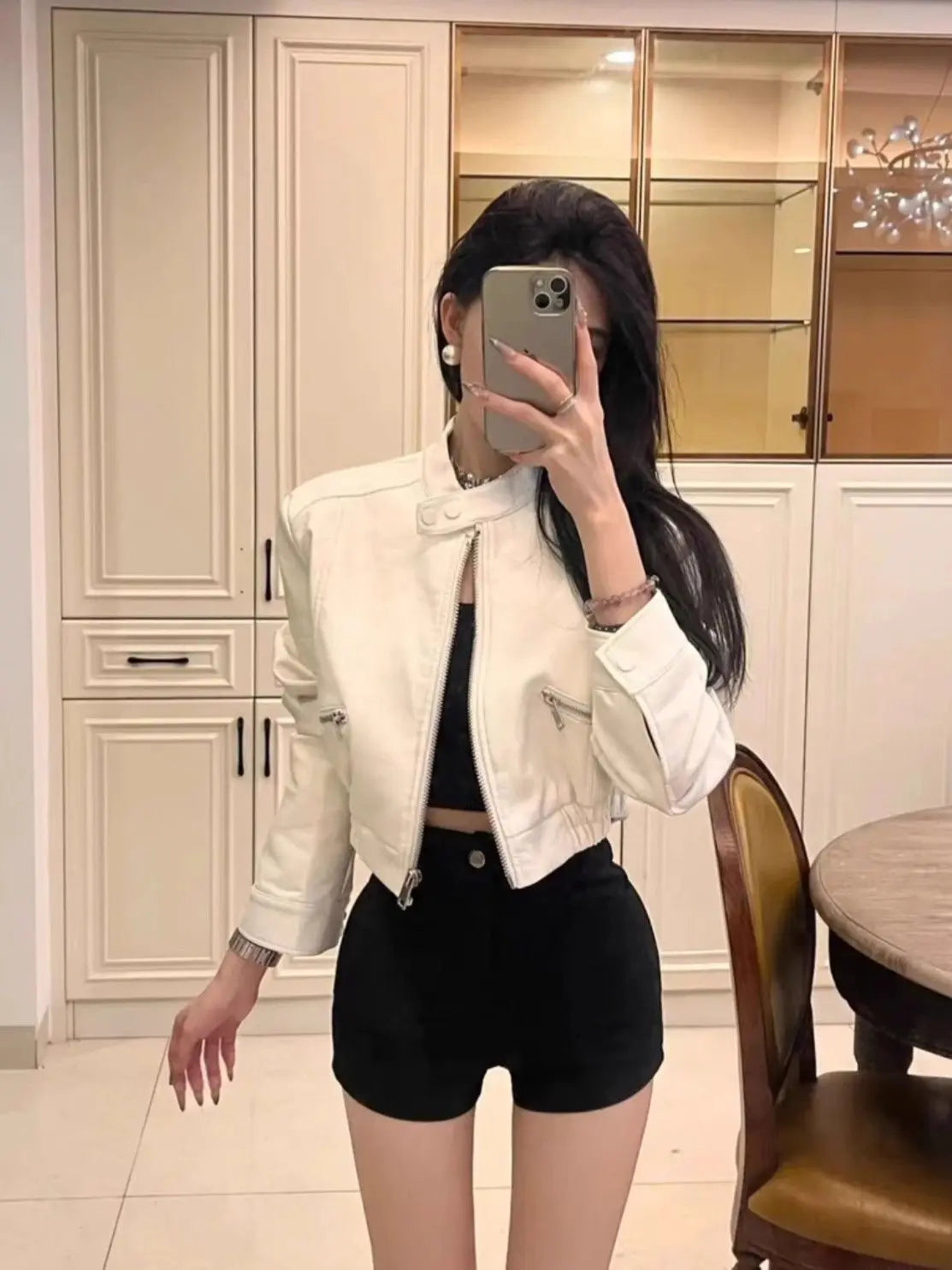 2025 Autumn New Handsome Versatile Short Motorcycle Jacket Top High Waist PU Leather Jacket for Women  Faux Fur Coat
