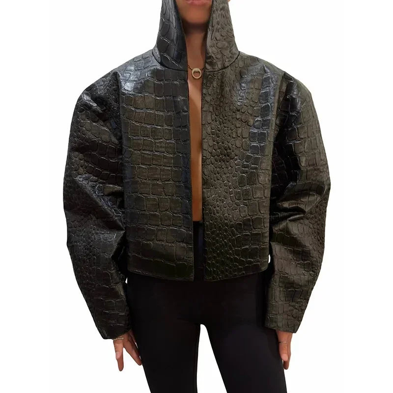 Crocodile Pattern Embossed Short Women Leather Jacket Stand Collar Zipper Long Sleeved Cropped Jackets 2026 Street Daily Outfit