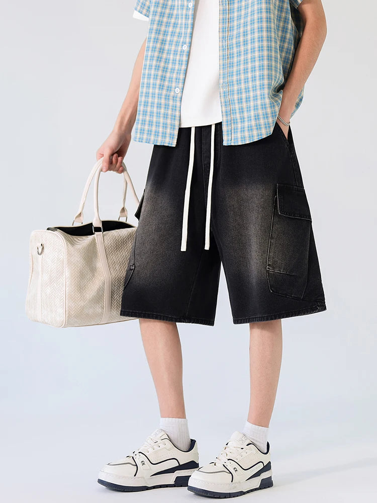 Cargo Shorts Men Summer Baggy Multi-pocket Jeans Straight Drawstring Moto Work Pants Fashion Cotton Black Blue Trousers New