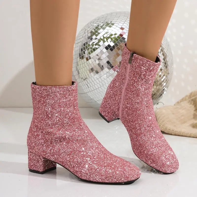 Luxury Sequin Fabric Ankle Boots Women 2026 Autumn Designer Square Toe Side Zip Short Boots Sexy Shiny Medium Heel Party Shoes