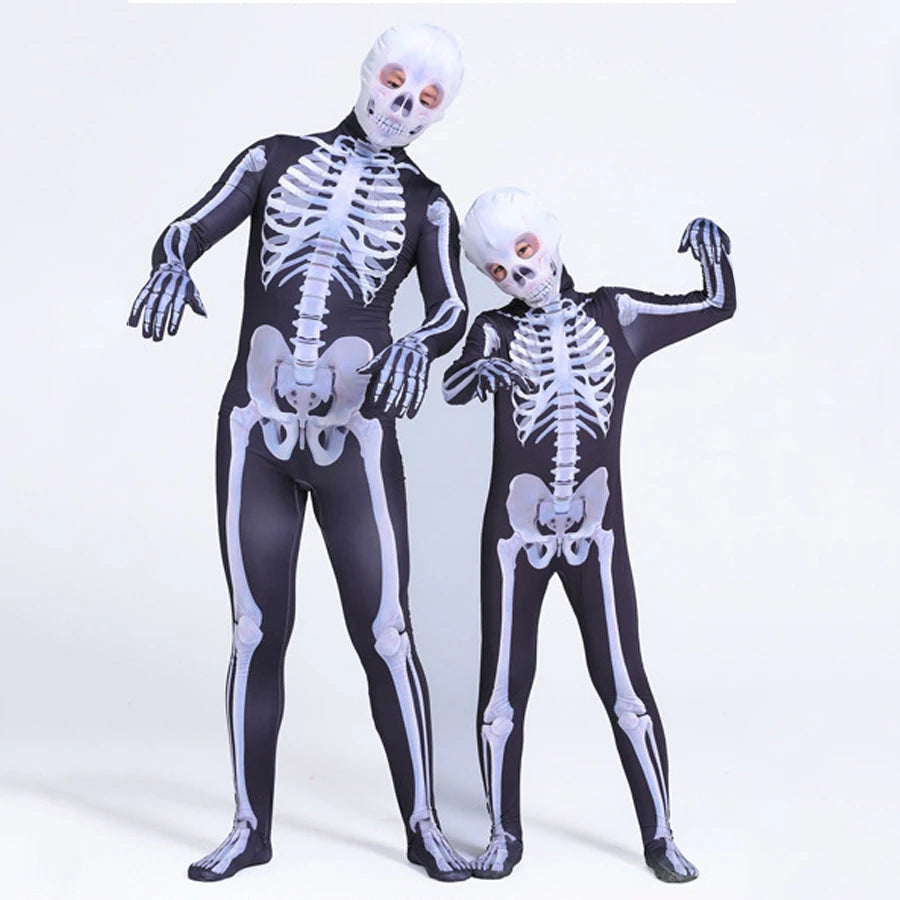 Halloween Costumes Ghost Skull Cosplay Jumpsuit for Kids Child Adults Scary Skeleton Bodysuit Halloween Mask Carnival Clothes