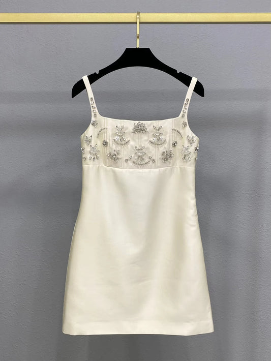 2025 Ladies New [Glossy Texture] Solid Diamond decoration Square-Neck Suspender Dress, Sleeveless Perfect Choice for Women