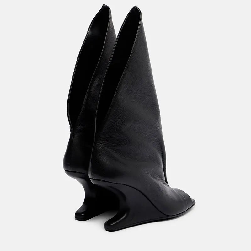Runway Style Women Peep Toe Tall Boots Sculptural Wedge Heel Draped Pleated Upper Trendy Evening Statement Fashion Footwear