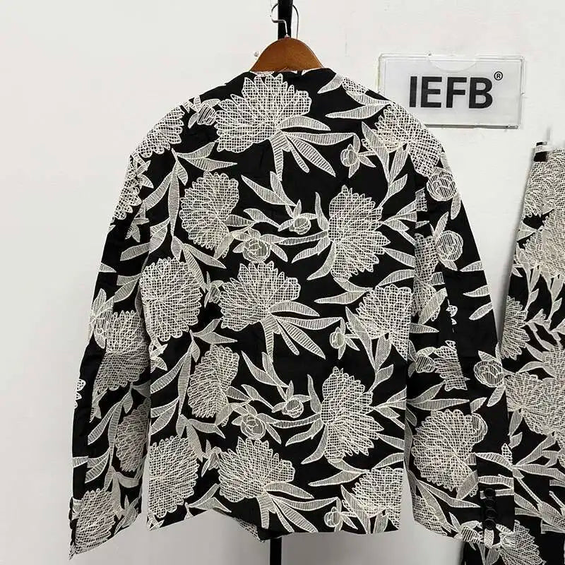 IEFB Niche Design Men's Two-piece Collarless Embroidery Blazer Loose Straight Suit Pants Contrast Color Male Sets New 9C7485