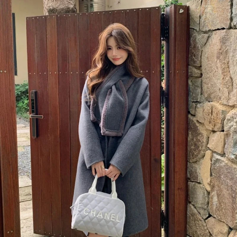 Autumn and winter hot fashion round neck scarves, medium to long styles, small women's double-sided wool coats with temperament,