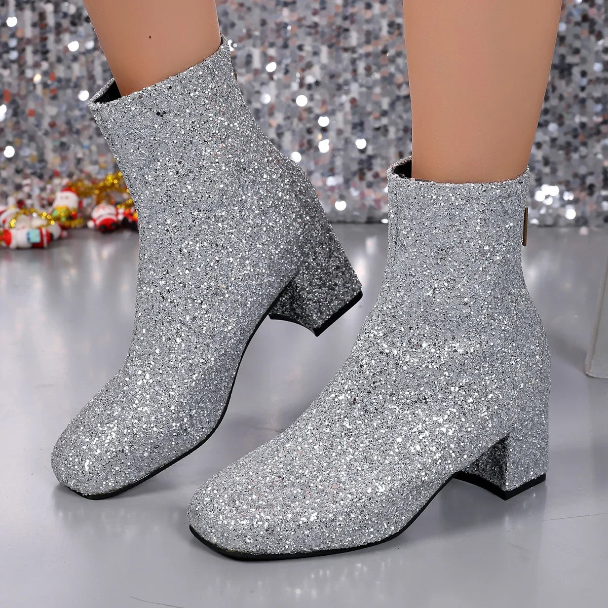 Luxury Sequin Fabric Ankle Boots Women 2026 Autumn Designer Square Toe Side Zip Short Boots Sexy Shiny Medium Heel Party Shoes