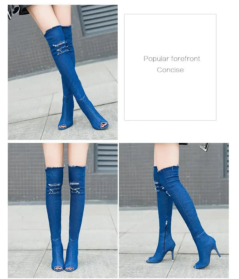 Summer Autumn Thigh High Boots Women Fashion Peep Toe Over The Knee Boots Blue Denim Jeans Zipper Long Boots Shoes Ladies