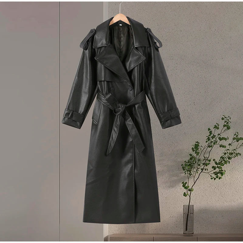 Double Breasted Lace up Long Leather Coat Woman Long Sleeves Loose Solid Color Casual Jackets Street Women's Early Autumn Coats