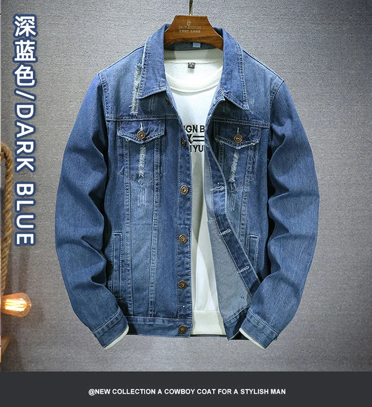 QICHE New Spring Autumn Men Light Blue Slim Denim Jacket Distressed Ripped Casual Outerwear