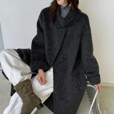 Ladies' 100% wool coat, high-end slimming stand up collar, double breasted loose long woolen coat, autumn and winter bestseller