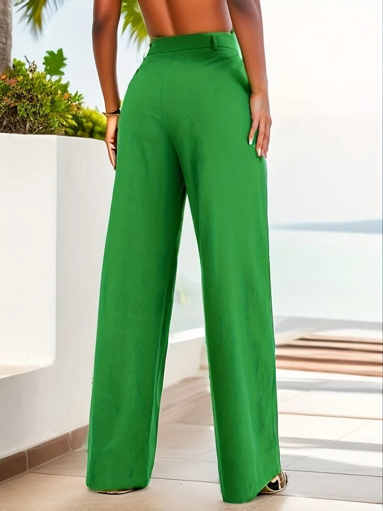 Beautyblue Trend Suit Pants for Women Green Wide Leg Pants Casual Loose Pleated Pocket Fashion Urban High Street Trousers Female