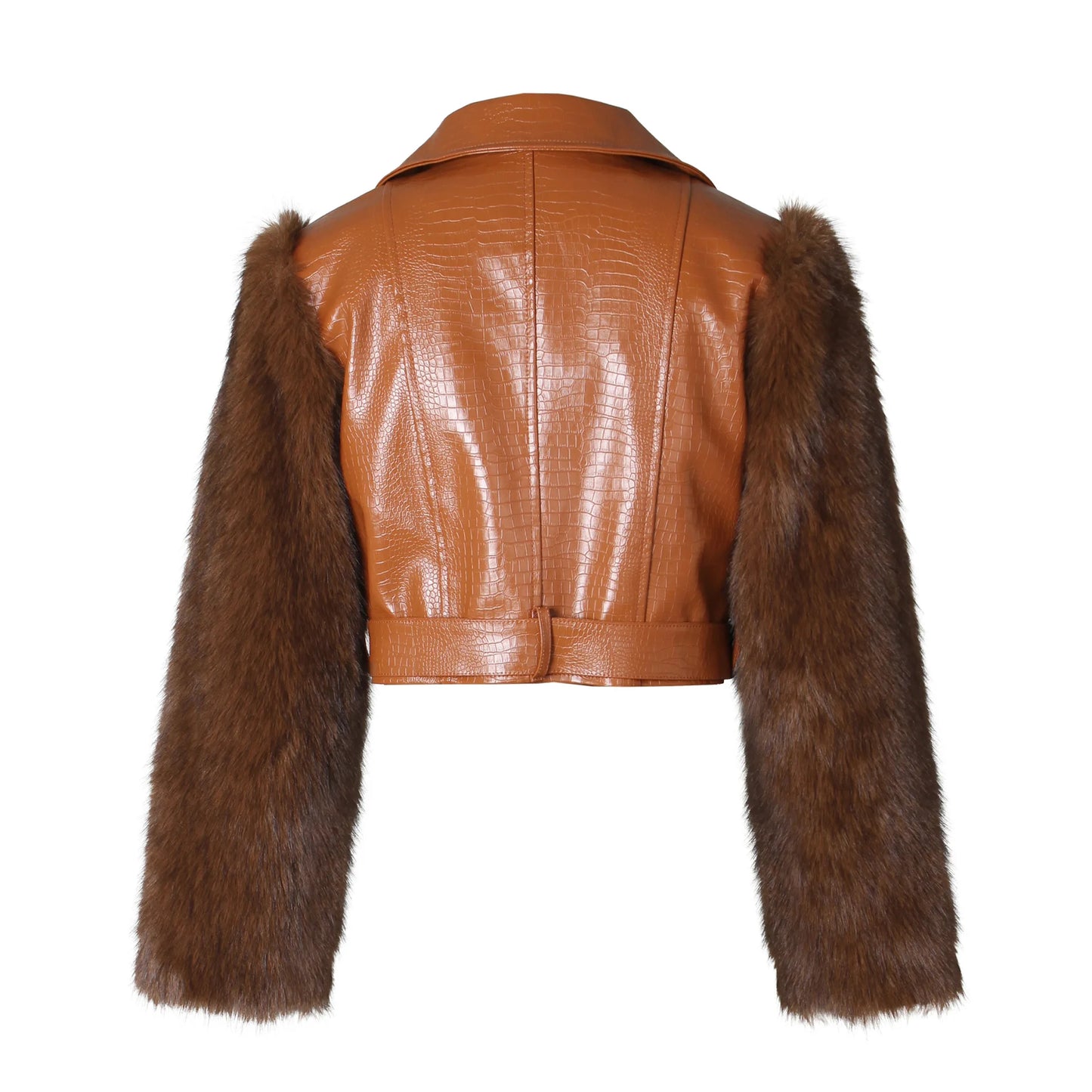 Leosoxs Winter New Sexy Fur Leather Patchwork Jacket for Woman Motorcycle Lapel Zipper Crop Coat  Female Streetwear Clothing