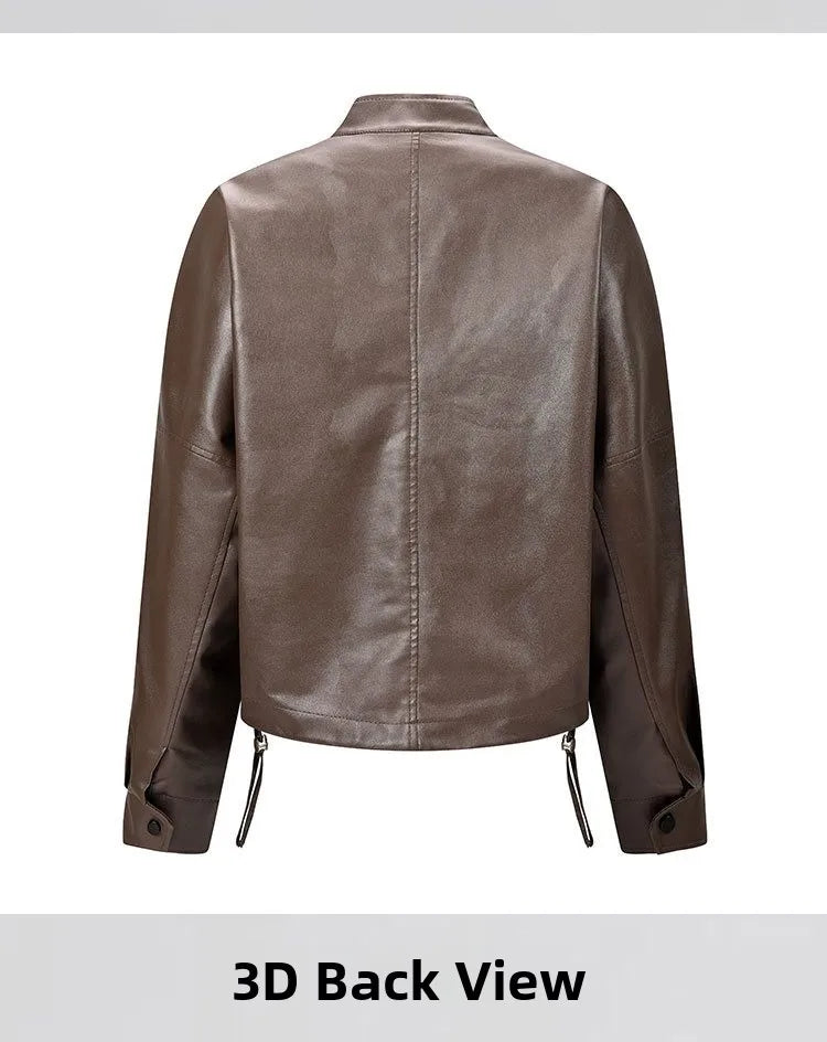 Fashionable Short Casual 3D Leather Jacket Women's Stand Collar Leather Coat Autumn 2026 Thick Synthetic Leather No Brand
