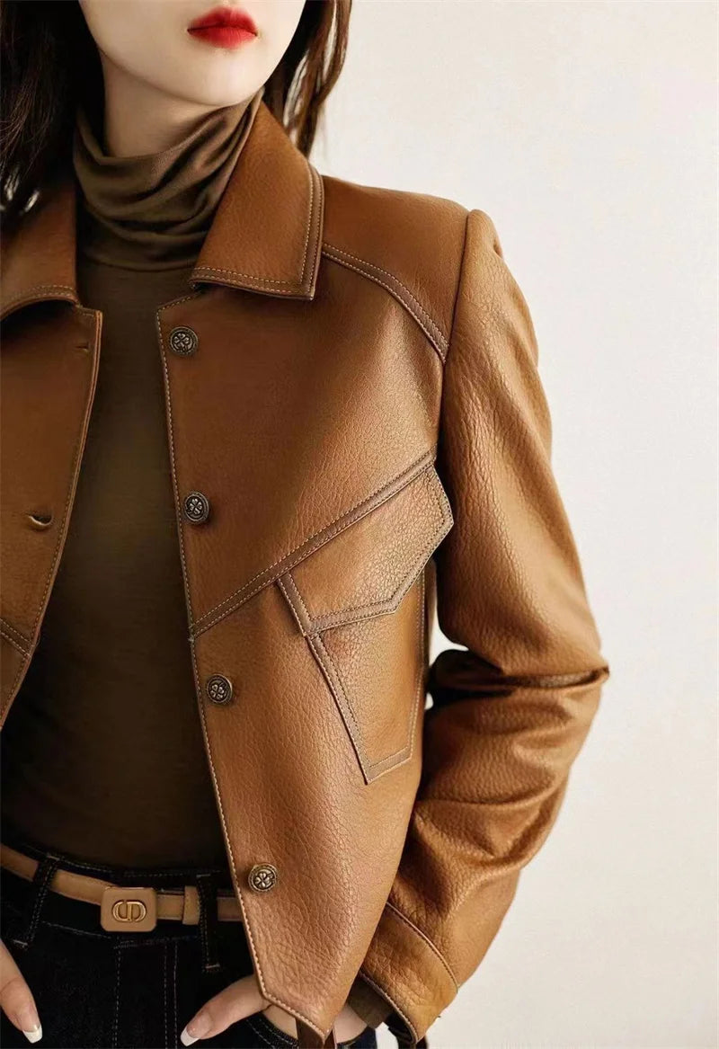 2026 Short PU Leather Coat Women's Spring Autumn New Jacket Ladies Fashion Outerwear Western Style Lapel Overcoat Leather Jacket