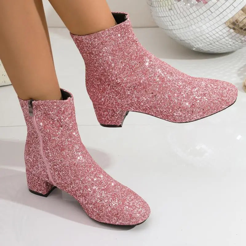 Luxury Sequin Fabric Ankle Boots Women 2026 Autumn Designer Square Toe Side Zip Short Boots Sexy Shiny Medium Heel Party Shoes