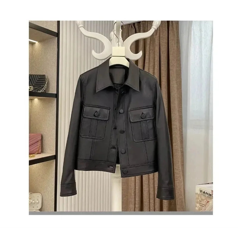 Lapel PU Leather Jacket Women 2026Spring Autumn New Coat Fashion Locomotive Goddess Overcoat High Quality Short Outerwear Female