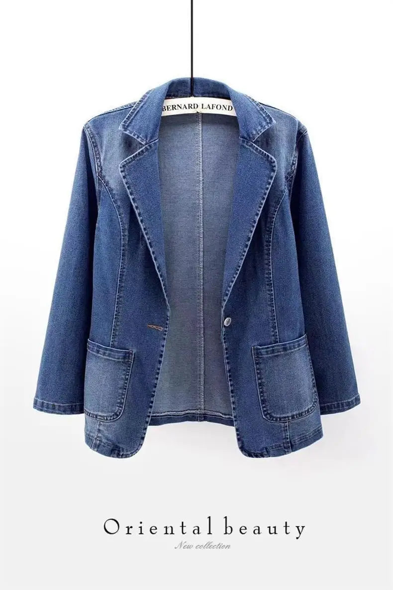 Spring Autumn New One Button Design Denim Jacket For Women Slimming Fit Suit Collar Solid Color Cardigan Blue Cowboy Outer Wear