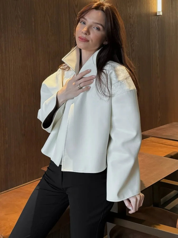 Crocodile Pattern Embossed Short Women Leather Jacket Stand Collar Zipper Long Sleeved Cropped Jackets 2026 Street Daily Outfit