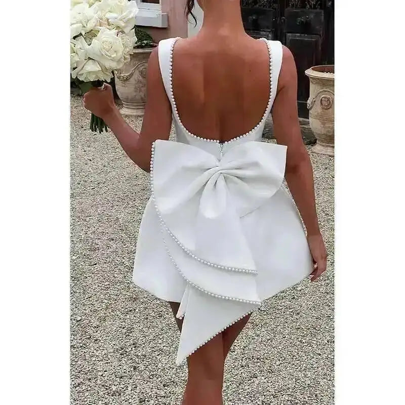 Townlike Bow Pearl Backless Sexy Party Dress Women Mini 2024 Summer Dress Elegant Waist Wrap A-line Dresses Vestidos