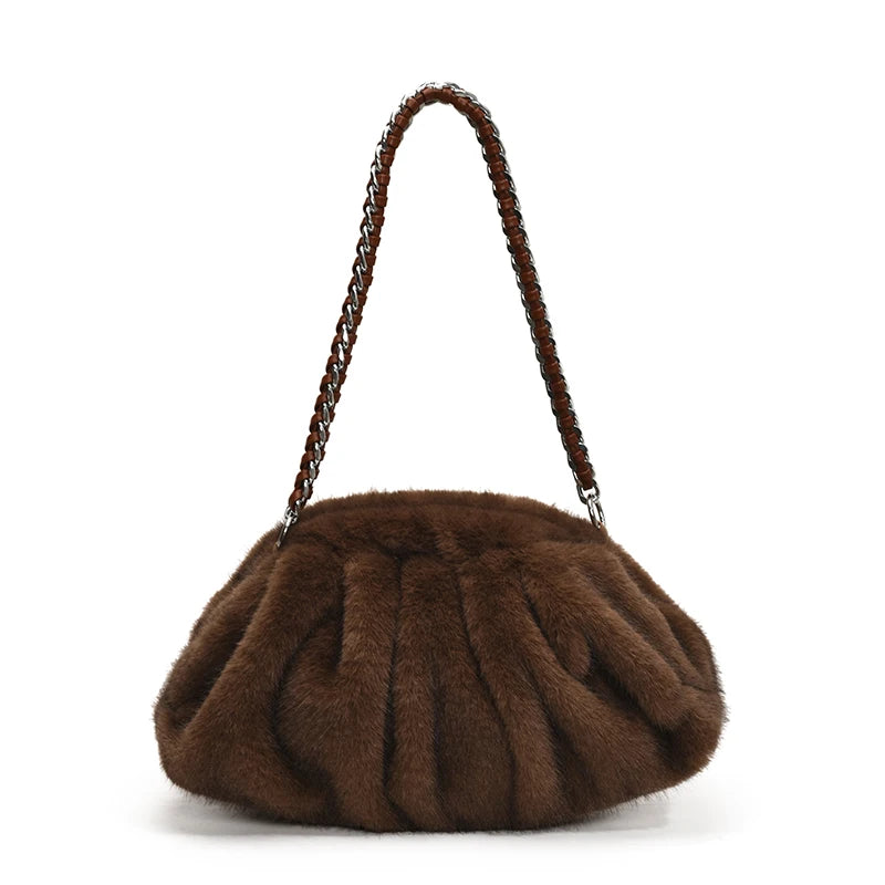 MOODS Pleated Design Faux Fur Shoulder Bags For Women 2024 Luxury Designer Purses And Handbags Winter Warm Soft Plush Hobo Bags
