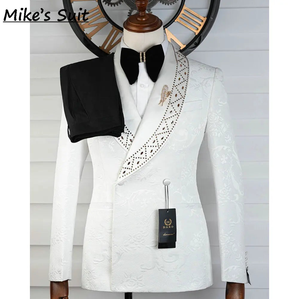 2026 Jacquard Wedding Suit Groom Wear Beading Crystal Man's Suits Formal Tuxedo Two Pieces Set Blazer And Pants Traje De Novio