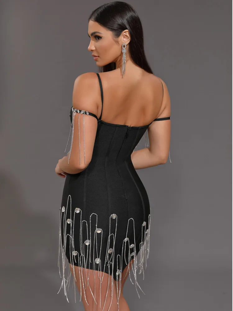 Women Celebrity Sexy Beading Crystal Black White Mini Bodycon Bandage Dress 2024 Knitted Elegant Evening Club Party Outfit