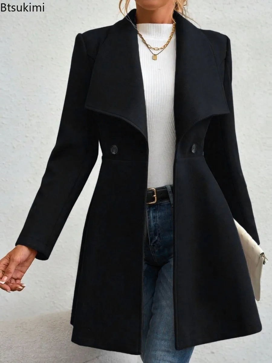 Autumn Winter Women Coat Fashion Solid Color Lapel Collar Single-breasted Slim Fit Female Woolen Coat Mid Length Lady Overcoat