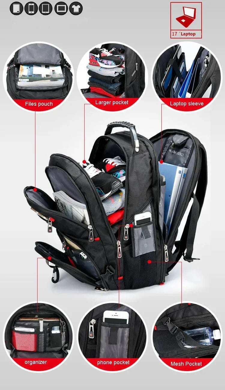 2026 Swiss-Multifunctional bags Durable 17 Inch Laptop Backpack, Travel Bag,College Bookbag,USB Charging Port,Water Resistant
