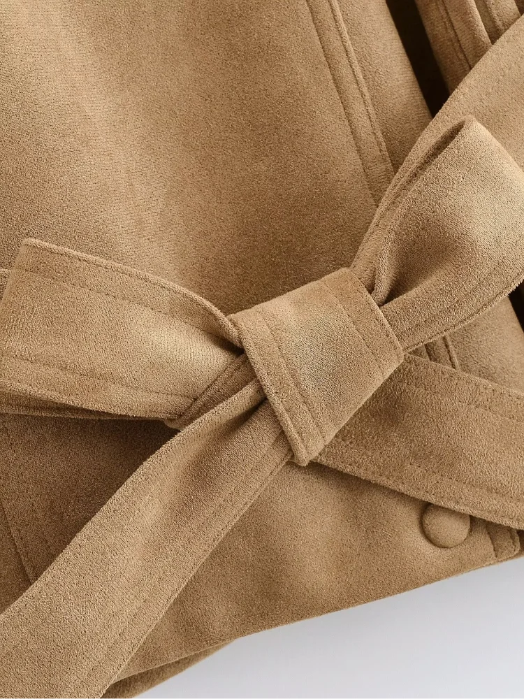 Women Brown Faux Suede Short Jacket Tie‑waist Long Sleeve Vintage Streetwear 2026 Lady New Autumn Winter Casual Outerwear Coat
